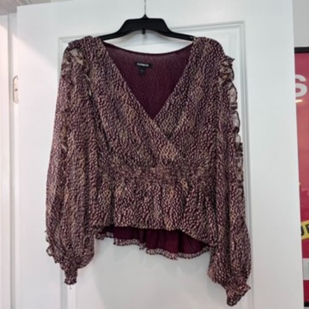 EXPRESS Wine & Cream Mixed Media Ruffle Trim Peplum Hem Blouse - Picture 2 of 7
